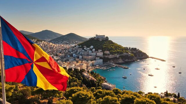 Catalan flag waving over coastal town.