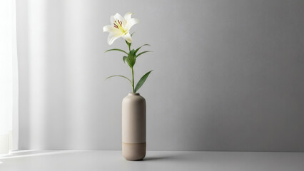 Flower in minimalist vase against neutral wall, calm wellness aesthetic