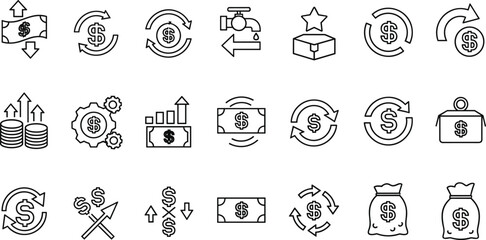 Financial money exchange and currency management line icons set featuring dollar signs, cash flow, and investment growth symbols.