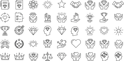 Business core values and quality excellence line icons set including diamonds, hands, trophies, stars, and integrity symbols.