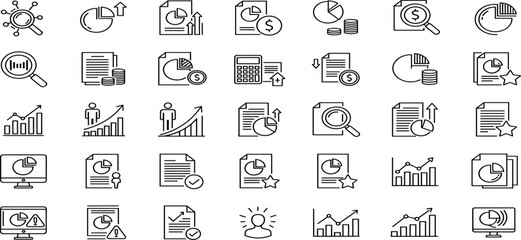 Collection of linear financial analysis, data reporting, business growth, charts, graphs, statistics, calculation, and document management vector icons for finance.