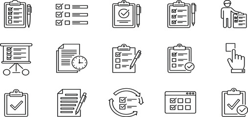 Collection of linear checklist icons for digital task management, survey completion, project planning, goal setting, quality assurance, and online to-do list applications.