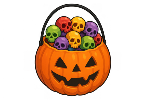Halloween pumpkin basket full of colorful skull candies, jack-o'-lantern trick-or-treat pail, cartoon spooky autumn fun - Powered by Adobe