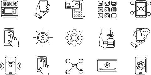 Line Icons Set of Mobile Technology, Digital Business Services, Smartphone Connectivity, App Development, E-commerce, Handheld Device Interactions, Payments, Network, and Wireless Access for Web © Zakia