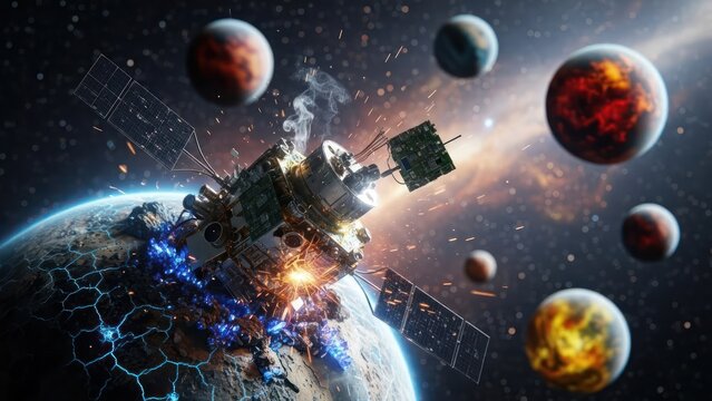 Dramatic satellite explosion in space with visible planets, a visual representation of