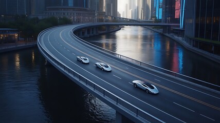 Futuristic autonomous cars driving on elevated highway over water with city skyline