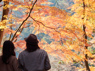 秋の観光名所香嵐渓の鮮やかな紅葉の風景を楽しむ男女カップルの様子