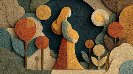 Artistic illustration of a woman in a serene, colorful forest setting, crafted with a textured, paper-cut layered style.