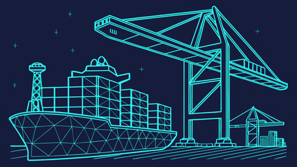 Cargo Shipping and Port Logistics Concept with Container Ship and Crane Wireframe Vector

