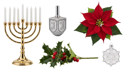Holiday decorations featuring menorah dreidel poinsettia holly.