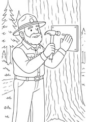 coloring book Forest Ranger Dad installing warning sign on tree using hammer, safety patrol duty