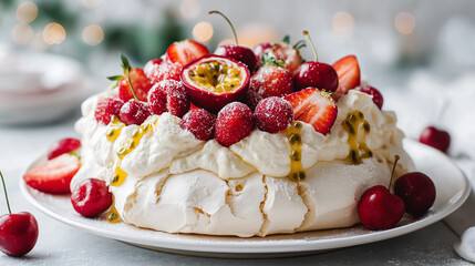 Homemade Pavlova Topped with Fresh Berries and Passion Fruit