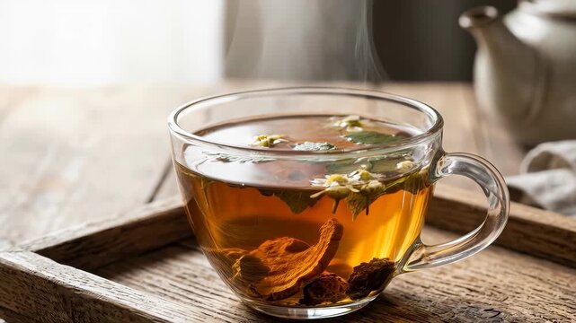 Cup of steaming herbal tea sits on a rustic wooden tray with visible dried roots and fresh herb leaves. Warm amber liquid releases gentle steam. Neutral background and teapot suggest a cozy kitchen sc
