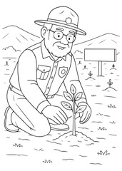 coloring book Forest Ranger Dad planting a sapling on forest ground during conservation mission