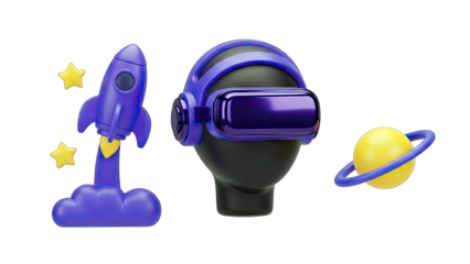 3D Rocket, VR Headset, and Planet in Space Exploration