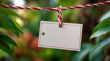 Blank Red Stitched Tag Hanging on Twine