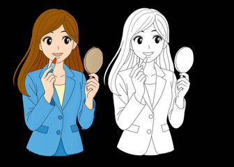 Smiling woman applying lipstick while holding a hand mirror, showing beauty, confidence, and modern lifestyle through a clean cartoon illustration style.