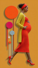Pregnant woman dressed in bold red and yellow, confidently poses against a colorful abstract backdrop. A celebration of life and style.