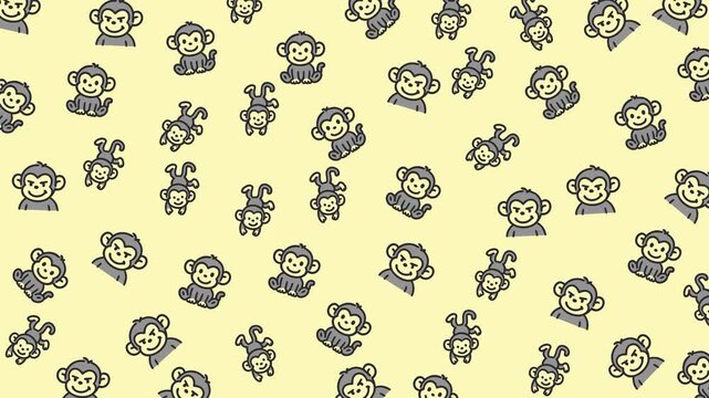 Monkey doodle pattern featuring many cartoon monkeys on light yellow, perfect for childrens products, stationery, and playful designs.