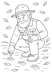 coloring book Forest Ranger Dad researching fallen leaves on ground and examining nature clues