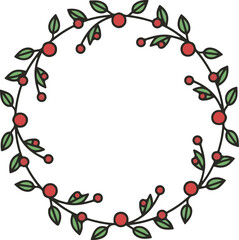 Fototapeta premium A festive circular wreath illustration featuring delicate green leaves and red berries on a thin black vine, perfect for holiday decorations, seasonal greeting cards, or nature-themed designs.