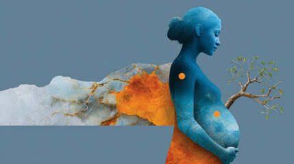 Artistic depiction of a pregnant blue-skinned woman blending into an abstract landscape, symbolizing a deep connection with nature.