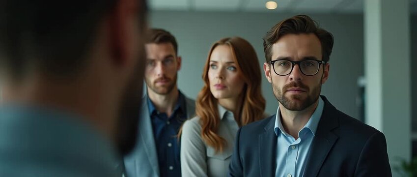 Professional team in a modern office engaged in a thoughtful discussion, camera slowly pans to capture expressions, ambient light flickers subtly, cinematic and polished atmosphere.