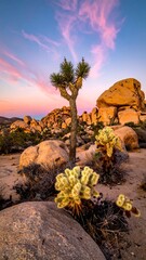 Desert landscape with Joshua Tree, cactus, rocks, and a vibrant pink and blue sky at dusk