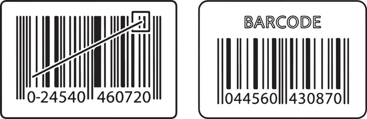 Black and white vector illustration of two retail barcodes with numerical data, one featuring a scanning line, representing product identification, inventory tracking, and checkout systems.