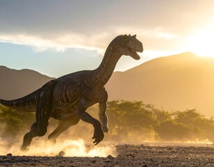 Digitally rendered theropod dinosaur running across a sunny terrain
