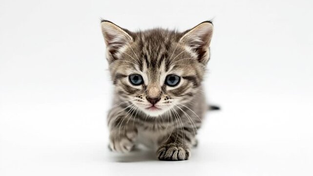 Curious Kitten's Stroll: A tiny, striped kitten confidently walks toward the viewer. The kitten's engaging eyes and cute patterned fur captivate, creating a scene of innocent curiosity.