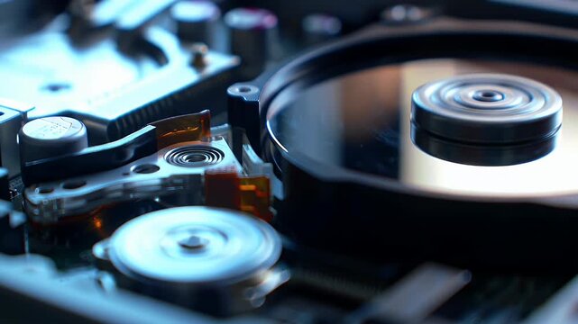 Macro View of a Computer Hard Disk Drive in Operation.