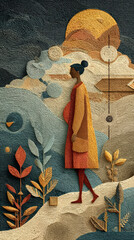 A serene, textured illustration of a woman in a flowing dress, contemplating a surreal landscape under a golden moon.