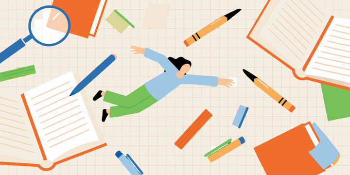 A person running through scattered school supplies and open books on a grid