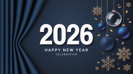 Happy New Year 2026 elegant dark blue festive greeting with ornaments 