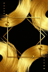 Elegant golden swirls and diamond frame on black background, abstract luxury design with copy space