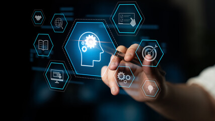 Head with gear and icons representing learning, digital training, and development process, showing skill growth for human or AI systems through knowledge or task optimization Latch