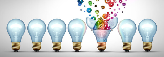 Creative entrepreneurship and imagination as business innovation, turning ideas and visual thinking into original concepts through strategy or problem solving with a lightbulb or light bulb and gears.