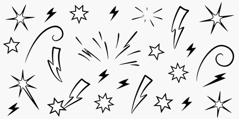 Black and white doodle illustration of various starbursts lightning and sparkle shapes
