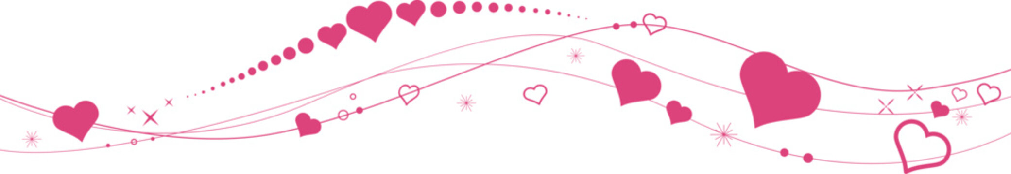 Hearts border in wave shape. Pink hearts border. Heart in the wave shape vector. Valentine's Day element decoration. Love concept. Flying  hearts confetti.
