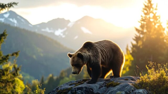 Majestic bear in a mountain landscape, a sequence of moments in nature's golden hour