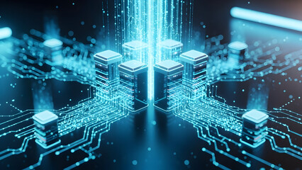 Futuristic circuit board with glowing blue connections and microchips