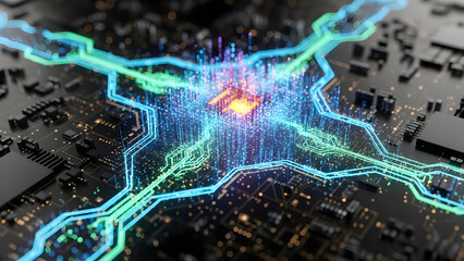 Vibrant circuit board with glowing neon connections and microchips