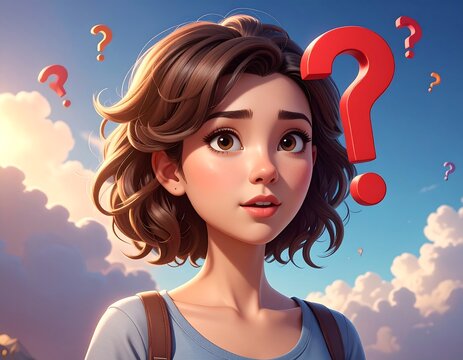 A young woman with a puzzled expression amid question marks - Powered by Adobe