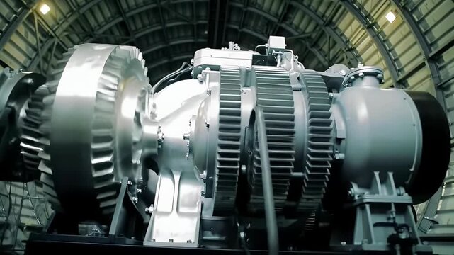 Manufacturing a large industrial electric motor with a gearbox in a factory.