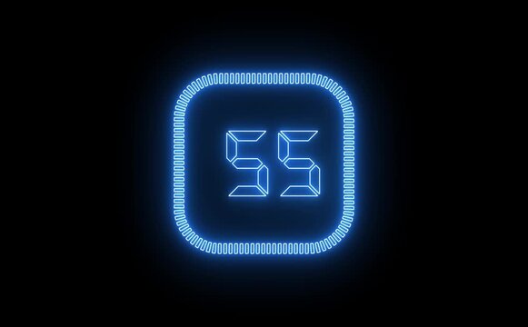 Electric neon countdown icon animates from sixty to zero, glowing numbers pulse smoothly, futuristic digital style, dynamic transitions, ideal for timers, intros, and dramatic visual impact moments ef