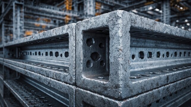 Steel structure for building construction with detailed gray graphite background, glowing metallic beams, industrial architecture, ultra-detailed construction framework, modern engineering design.