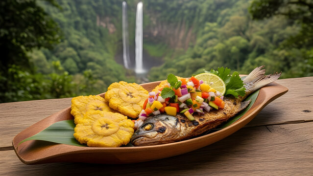Grilled fish with plantain and salsa on wooden plate by waterfall