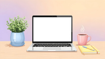 Cozy workspace with laptop and steaming coffee on wooden desk