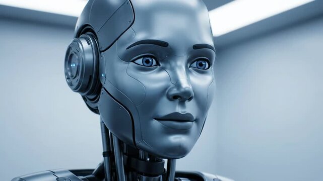 Futuristic female humanoid robot face talking and smiling